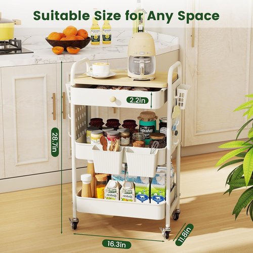 Danpinera Rolling Utility Cart - 3-Tier Craft & Snack Cart with Wheels, Drawer, Hooks & Wooden Top - White