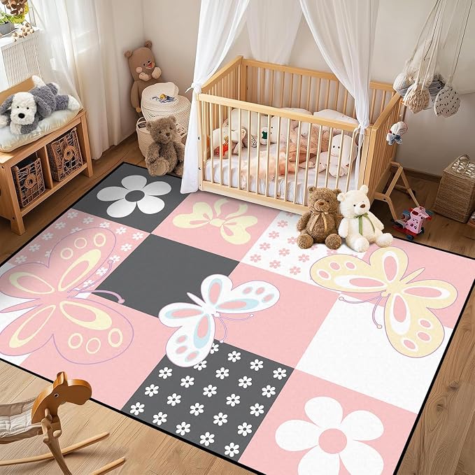 4'x6' Butterfly Area Rug Pink Butterfly Checkered Rugs for Bedroom Living Room Nursery Kitchen Playroom Home Decor Cute Flower Carpet Washable Non Slip Floor Mat