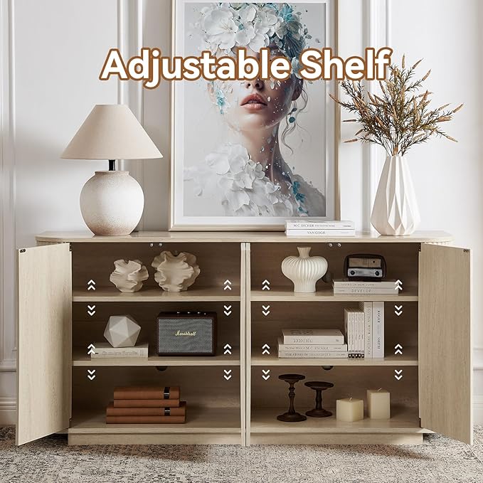 64" Sideboard Buffet Cabinet with Storage, Modern Fluted Accent Credenza with Adjustable Shelves, Wood Media Console Coffee Bar Table for Living Room Kitchen Dining Room, 31.5" H, Rock Grey