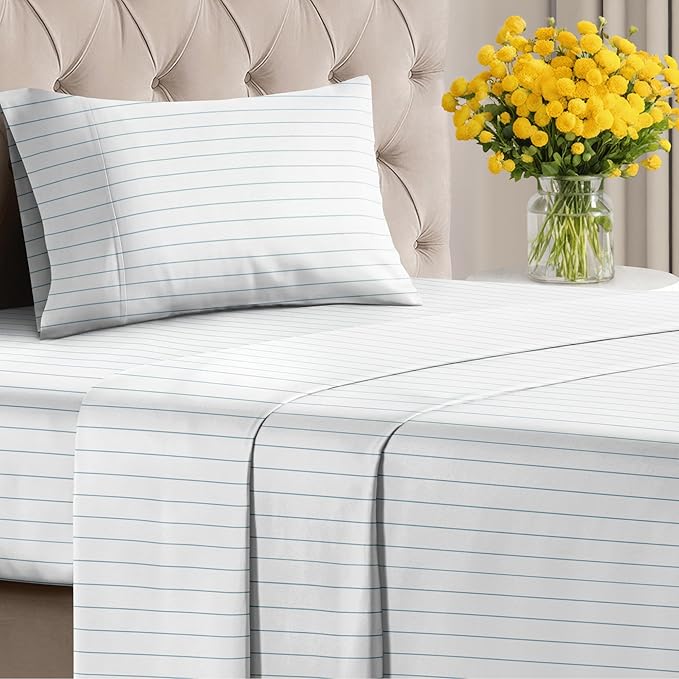Striped Sheets - Blue & White Striped Sheets - 1 Flat & 1 Fitted & 1 Pillowcase w/ Deep Pockets – Wrinkle & Fade Resistant - Soft, Breathable & Cooling – Luxury Pinstripe Bedding - Twin Size Bed Set
