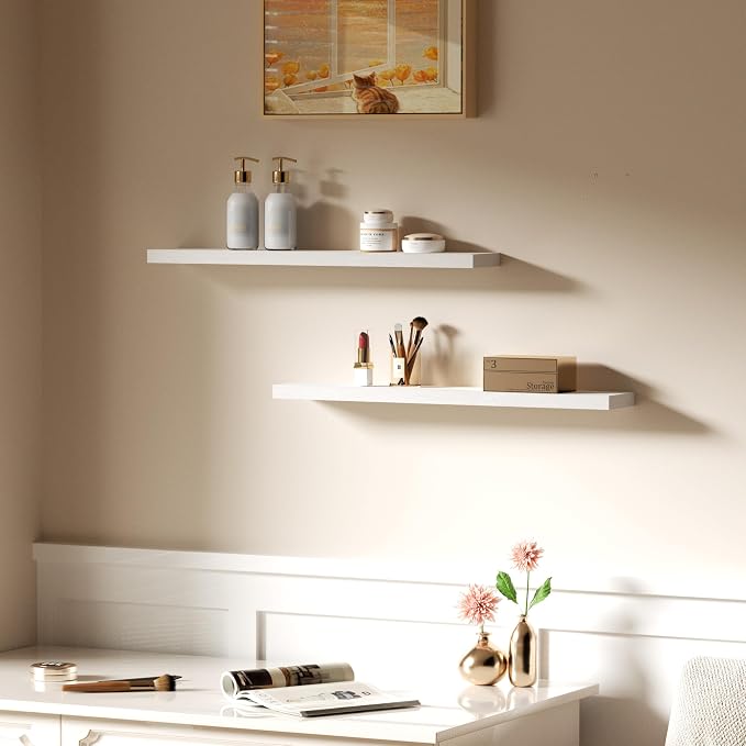 Floating Shelves for Wall, Bathroom Shelves Over Toilet, Wall Shelves & Book Shelf for Room, Hanging Shelf, Modern Wooden Mounted Floating Shelves, 36x7x1.5 in (White, Set of 2)