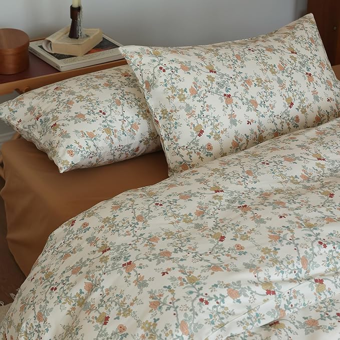 EAVD Vintage Botanical Floral Duvet Cover King - Soft Cotton Chic Shabby Garden Bedding Set With 2 Pillowcases, Fresh Reversible Comforter Cover With Zipper Closure