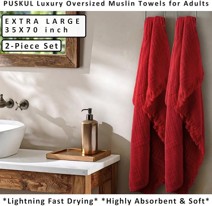 PÜSKÜL - Premium 2-Piece Oversized Muslin Bath Towel for Adult 35x70 Extra Large Bath Sheets | Natural 100% Turkish Cotton Soft Absorbent Quick-Dry Lightweight Spa & Beach Towels (Pack of 2, Red)