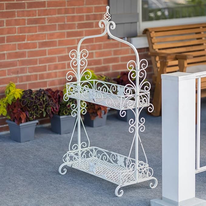 Zaer Ltd. Two Tier Rectangular Ornate Metal Plant Stand (Antique White)