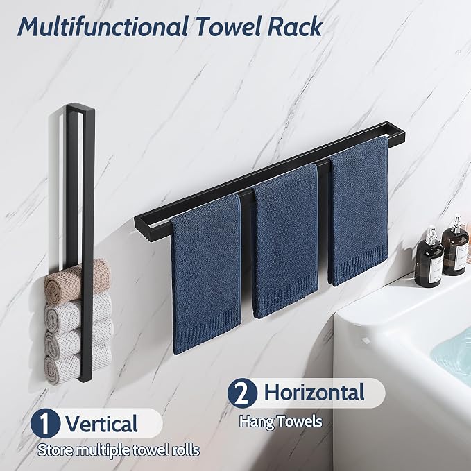 Sayayo Matte Black Towel Bar for Bathroom, 27.5 Inch Hand Towel Holder Wall Mount Square Towel Ring SUS304 Stainless Steel Towel Rack