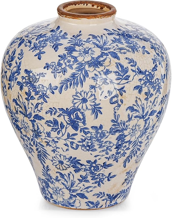 Sungmor Vintage Ceramic Flower Vase - 9.4 Inch Retro Ice Cracked Glaze Chinoiserie Vase, Rustic Farmhouse Home Décor Accent for Dried Flowers, Greenery - Table Centerpieces, Shelf, Mantel Decor