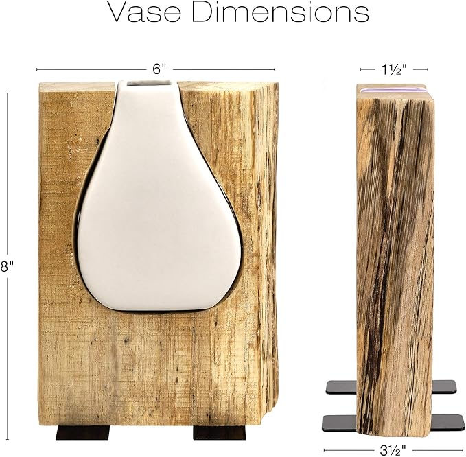 Excello Global Products Matte White Glass and Wood Vase - Rustic Flower Vase Decorative Centerpieces for Dining Room Table Coffee Tables Vintage Farmhouse Decor (Short - 8" x 6")
