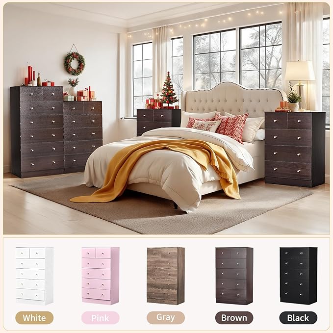 Karl home Brown 6 Drawer Dresser for Bedroom, Modern Wood Dresser Chest of Drawers, Bedroom Modern Nightstand, Anti-Tipping Device, Rose Gold Metal Handle, Living Room, Hallway, Office