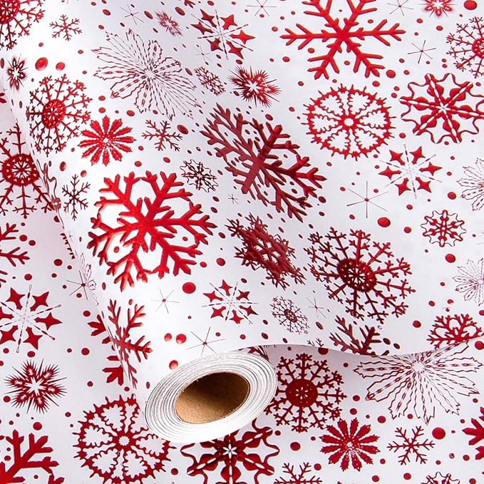 Flyhill Kraft Christmas Wrapping Paper,Red Snowflake Metallic Embossed Foil Luxury Gift Wrap Roll for Holiday, Party,Celebration, New Year (17 Inch X 32.8 Feet)
