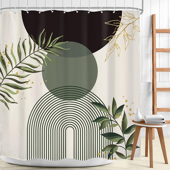 Dark Green Boho Shower Curtain 72Wx84H Extra Long Black Green Modern Bohemian Abstract Plant Leaves Bathroom Decor Minimalist Geometric Neutral Bath Curtain Fabric Polyester 12 Pack Hooks