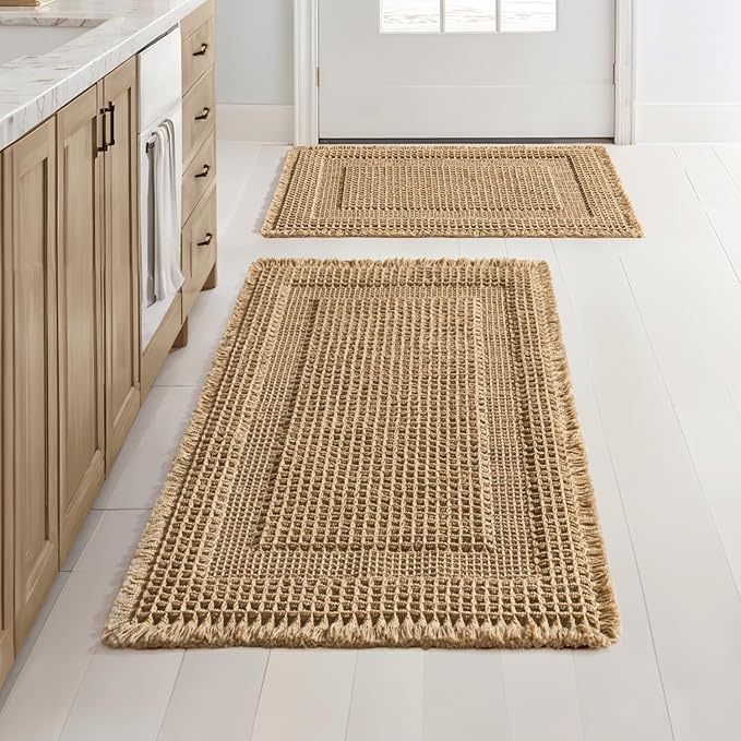 MIULEE Set of 2 Waffle Bathroom Rugs, Boho Bath Rug Super Absorbent, Non Slip Washable Ultra Soft Rubber Backed Shower Bath Mats for Floor, Tub, Shower, Looped Design, Brown, 17"x24"+18"x30"