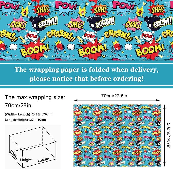 JarThenaAMCS 12 Sheet Comic Wrapping Paper -Not Roll- Colorful Cartoon Boom Gift Wrap Paper Folded Flat Art Paper for DIY Crafts Gift Wrapping, 19.7 x 27.6 Inch