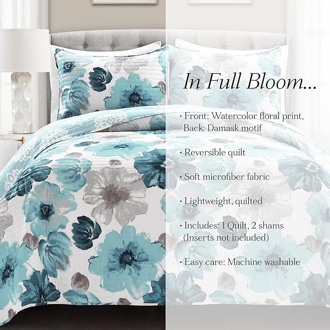 Lush Decor Leah Reversible Floral Quilt Set, 3 Piece Set, King, Blue - Watercolor Botanical - Cottage Core - French Country Decor- Bedding Queen Size