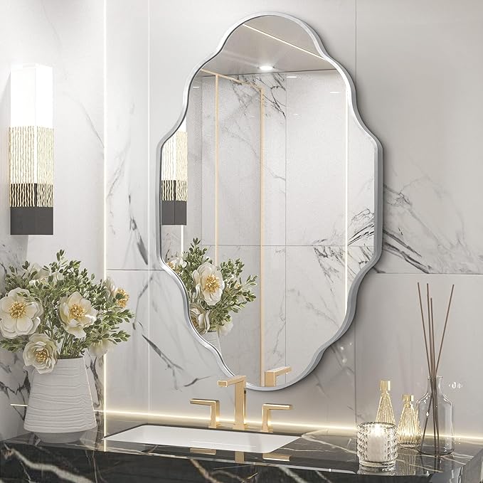 Scalloped Mirror for Bathroom - 20"x36" Silver Bathroom Mirror with Aviation Aluminum Alloy Frame & Shatter-Proof Glass for Living Room Bedroom Entryway, Brushed Silver Frame