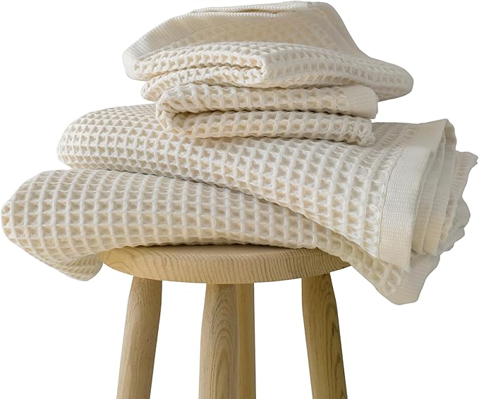 PÜSKÜL Organic Raw-Undyed Waffle Towels for Bathroom Set 4-Piece | Natural 100% Turkish Cotton Luxury 2 Hand Towel & 2 Bath Towel | Absorbent Quick Dry Lightweight Bath Towels Oeko-Tex Made in Turkey