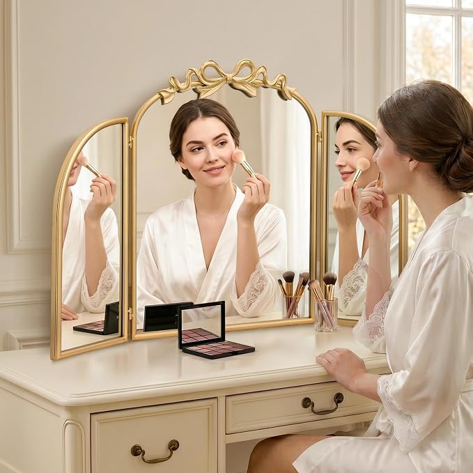 Besdomus Bow Vanity 3 Way Mirror: 36"x24" Gold Large Antique Wall Vanity Mirror - French Baroque Traditional Ornate for Bathroom/Bedroom/Living Room - Home Decor for Housewife