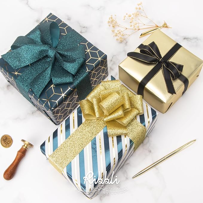 Ribbli Teal Gold Father’s Day Wrapping Paper Mini Roll, 3 Rolls Birthday Gift Wrap for Men Boy Friend Wedding - 17 inch x 120 inch(10feet) Per Roll