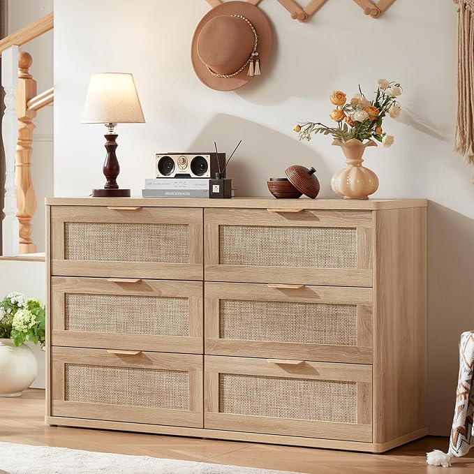 LEYAOYAO Rattan Dresser for Bedroom Set of 2, Boho 48" Wide 6 Drawer Dresser Chest of Drawers, Natural Wood Dressers TV Stand with Metal Handle, Storage Dressers Organizer for Living Room, Hallway