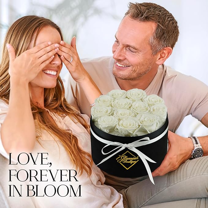 GLAMOUR BOUTIQUE Flowers Forever Gift Box 12 Real Preserved Roses in a Velvet Black Box, Birthday Gift for Her Mom and Wife, Mothers Day, Anniversary, Graduation - White