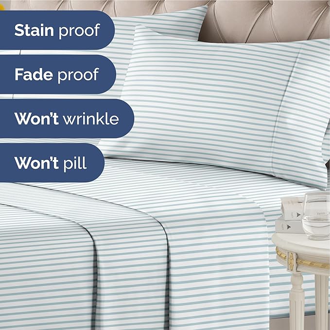 Striped Sheets - Blue & White Striped Sheets - 1 Flat & 1 Fitted & 1 Pillowcase w/ Deep Pockets – Wrinkle & Fade Free - Soft, Breathable & Cooling - Luxury Pinstripe Bedding - Twin XL Size Bed Set