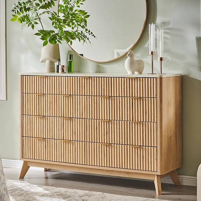 T4TREAM Fluted 9 Drawer Dresser, Modern Chest of Drawers with Faux Marble Top, Curved Profile Design, Dresser TV Stand, Wood Drawer Organizer for Bedroom, Living Room, Hallway, Natural Oak