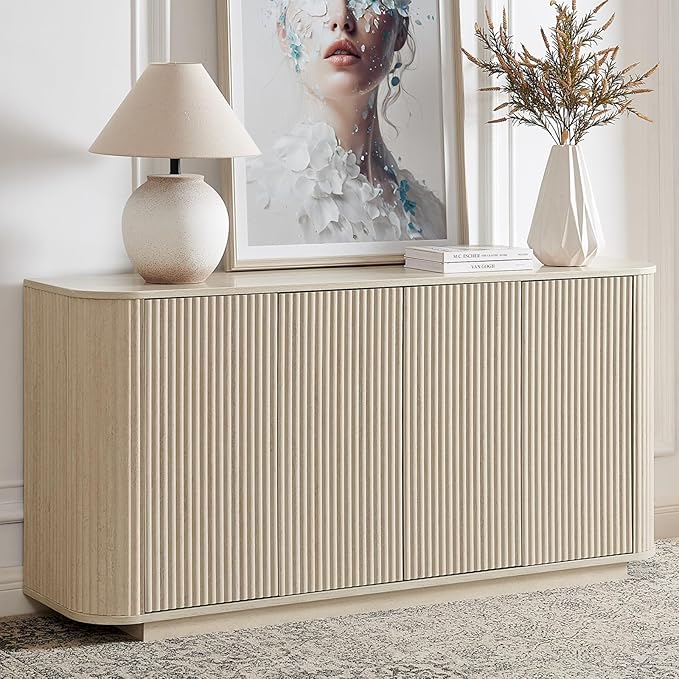 64" Sideboard Buffet Cabinet with Storage, Modern Fluted Accent Credenza with Adjustable Shelves, Wood Media Console Coffee Bar Table for Living Room Kitchen Dining Room, 31.5" H, Rock Grey