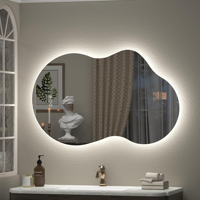 24x36 Inch Asymmetrical LED Bathroom Mirror, Irregular Cloud LED Lighted Vanity Mirror with Lights for Wall, Anti-Fog, Dimmable, 3 Colors, Memory (Horizontal/Vertical)