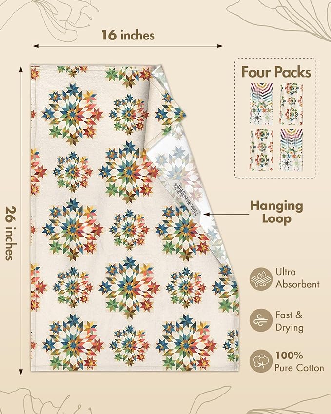 Miss Adola 4pcs Flour Sack Kitchen Towels - 16x26 Inch Cotton Dish Towels Set of 4 with Hanging Loop Reusable Geometric Boho Modern Retro Tea Towel Absorbent Dishcloths Home Decor, Starburst Design