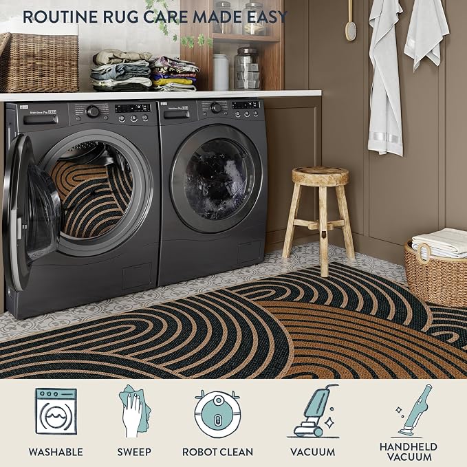 Lahome Enfys Modern Rainbow Easy Jute Carpet, Washable Rugs 5x7 for Living Room Black Farmhouse Dining Room Rug, Contemporary Natural Throw Mat Non Slip Floor Carpet for Office RV Patio