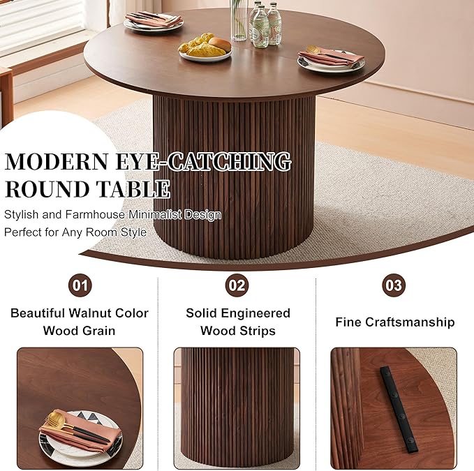 Homedot 47" Round Dining Room Table Walnut Wood Veneer Tabletop, Farmhouse Dinner Table with Two-Part Tabletop for 4-6, Rustic Circle Dining Table with MDF Strip Base for Kitchen Living Room