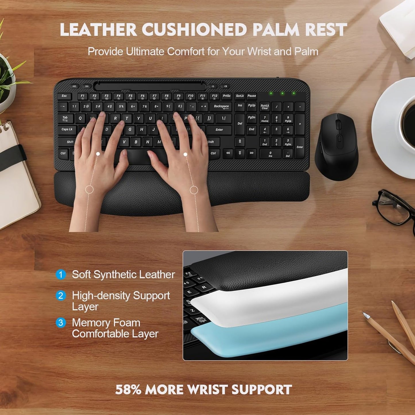 Skiennix Wireless Keyboard and Mouse Combo - Ergonomic Full-Sized Design with Cushioned Palm Rest | 2.4G Cordless for PC, Laptop, Mac