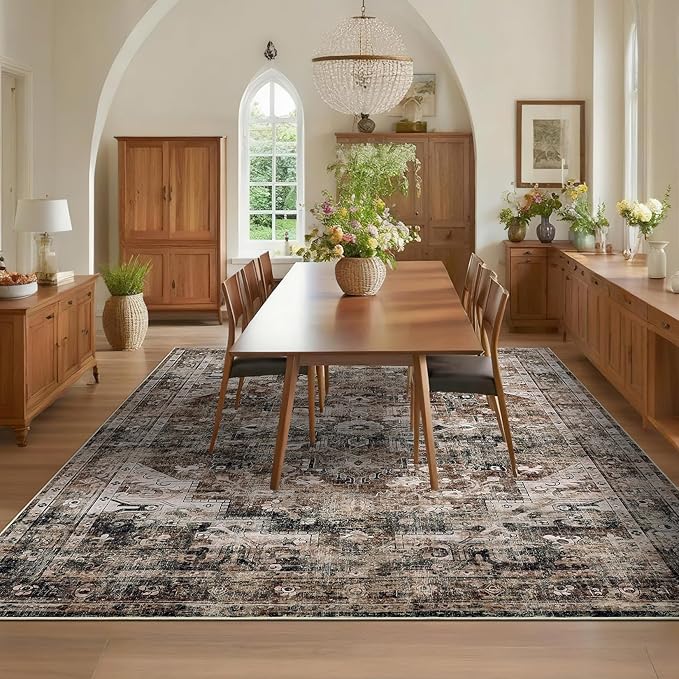 Washable Boho Vintage 8x10 Area Rug Non Slip Boho Medal Living Room Rugs Non Shedding Farmhouse Distressed Carpet Mat Foldable Thin Retro Large Rug for Office Nursery Playroom Brown