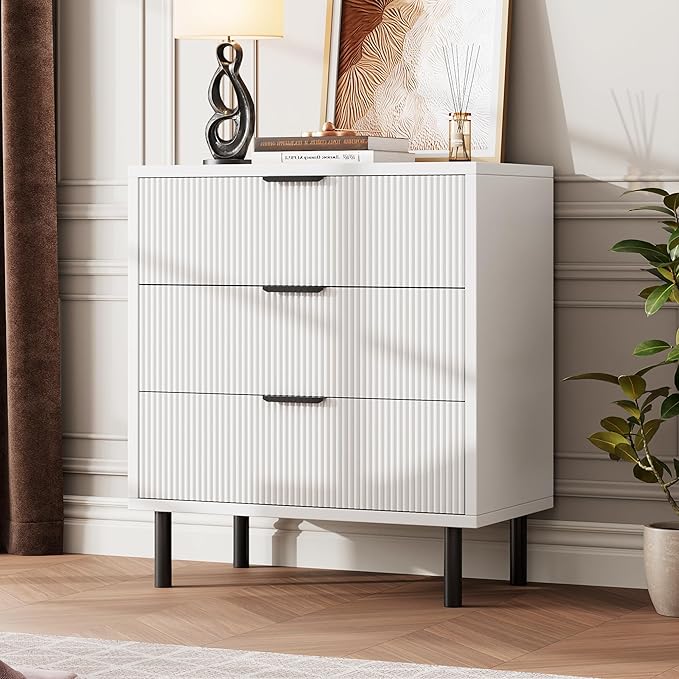 GarveeHome White Fluted 3 Drawers Dresser, Wide Wood Chest of Drawers, Modern Storage Dresser Chest of Drawers Organizer with Metal Legs and Anti-Tipping Device for Bedroom Living Room