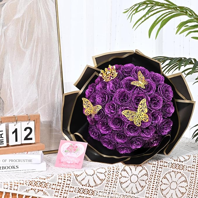 Waipfaru 24 Pcs Glitter Roses Bouquet, DIY Fake Flowers Bouquet, Artificial Purple Rose Bouquet for Valentines, Mothers Day Gifts, Anniversary, Engagement, Wedding