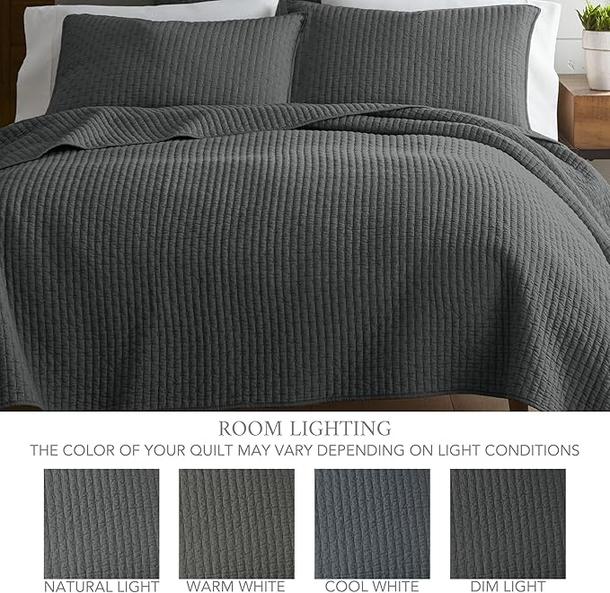 Levtex Home Cross Stitch Reversible Twin Bedspread Set (84x104in) with 1 Pillow Sham (26x20in) - Stitch Texture - Charcoal - Cotton Twin Size Bedspread Set - Lightweight, Soft, Pre-Washed