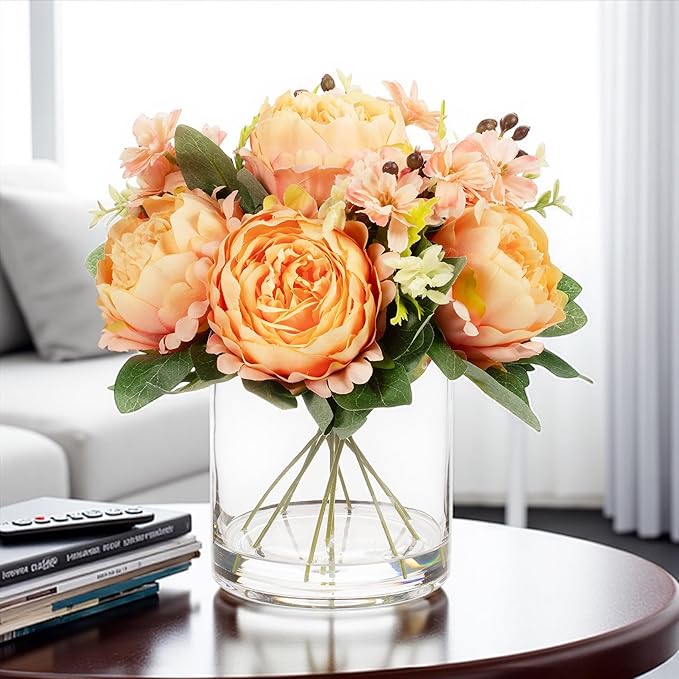 ENOVA FLORAL Artificial Flower Arrangement with Vase,Mixed Artificial Fake Silk Peony Flower in Vase for Decoration Home Office, Wedding Centerpiece (Orange01)