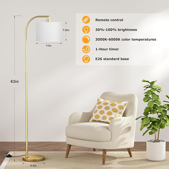 Ambimall Arc Floor Lamp with Remote and Stepless Dimmable Bulb, Colors Temperature & Brightness Adjustable, Floor Lamps for Living Room（White Shade & Gold Pole）