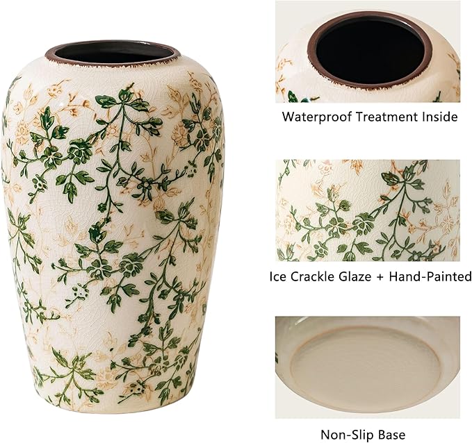 Vintage Green and Beige Flower Vase,Retro Chinoiserie Vase,Farmhouse Antique Decorative Ceramic Vases for Home Decor,Bookshelf, Dining Table, Coffee Table,Mantel,Grand Millennial Decor (H8.7 Inch)