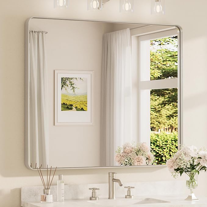 TETOTE Brushed Nickel Bathroom Mirror 42 x 36 Inch for Vanity Metal Framed Mirror Modern Farmhouse for Living Room Entryway(Horizontal/Vertical)