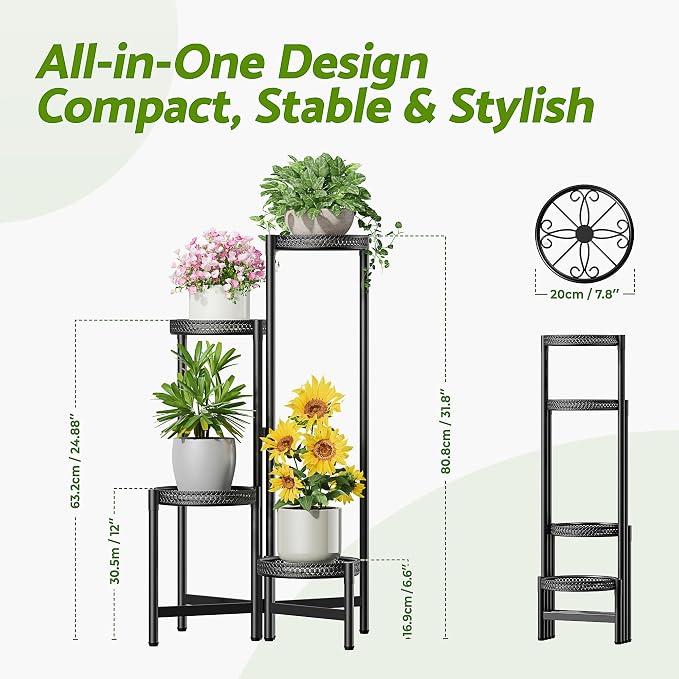 4 Tier Metal Plant Stand Indoor Outdoor, Corner Tall Plant Shelf for Multiple Plants, Foldable Plant Stand Heavy Duty Flower Stand Holder for House Living Room Balcony Garden Patio -BlackS