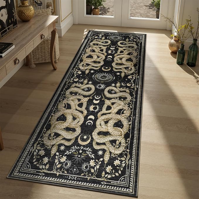 DCX Washable 2x6 Snake Runner Rug, Black Gothic Rug for Living Room, Soft Low Pile Carpet, Kid & Pet Friendly with Rubber Back Non Slip, Stain Resistant Rug for Bedroom Dining Room Office