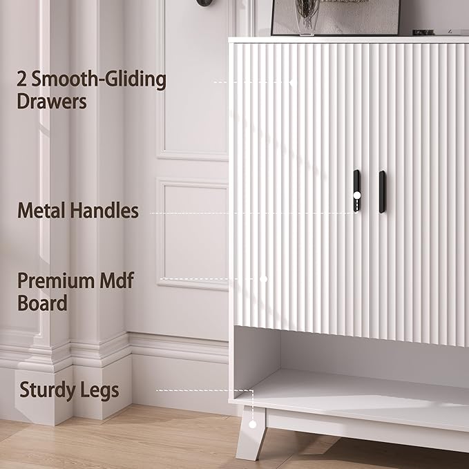 BOXACTION 4-Tier Fluted Shoe Cabinet with 2 Doors & Open Shelf, Mid Century Modern Shoe Storage Organizer with Adjustable Shelves, Metal Handles & Wood Legs, Hidden Shoe Rack for Entryway, Hallway