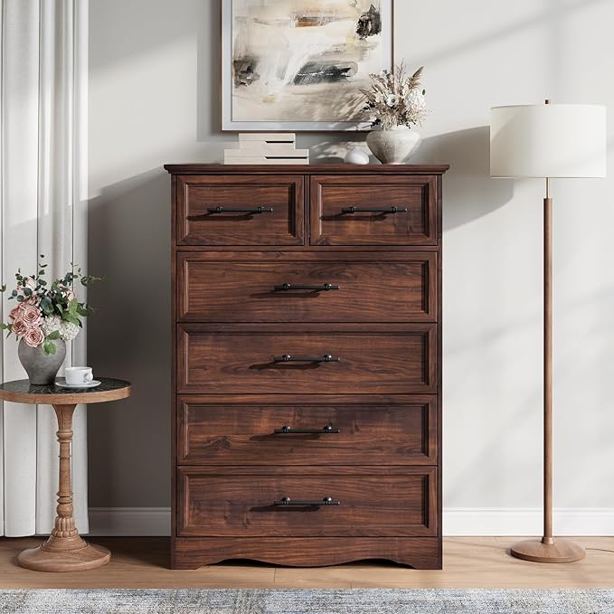 Walnut Dresser for Bedroom, Modern 6 Chest of Drawers, 44" Tall Dresser with Brushed Metal Handle, Wood Closet Organizers and Storage Cabinet for Bedroom, Living Room, Hallway
