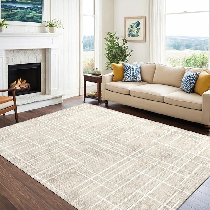 5x7 Area Rugs - Ultra-Thin Washable Rug with Non-Slip Backing, Ideal for Living Room, Bedroom, Kitchen Floor Carpet - Modern Neutral Style, Easy Clean, Durable, Low Pile Rug, Ivory Stripe