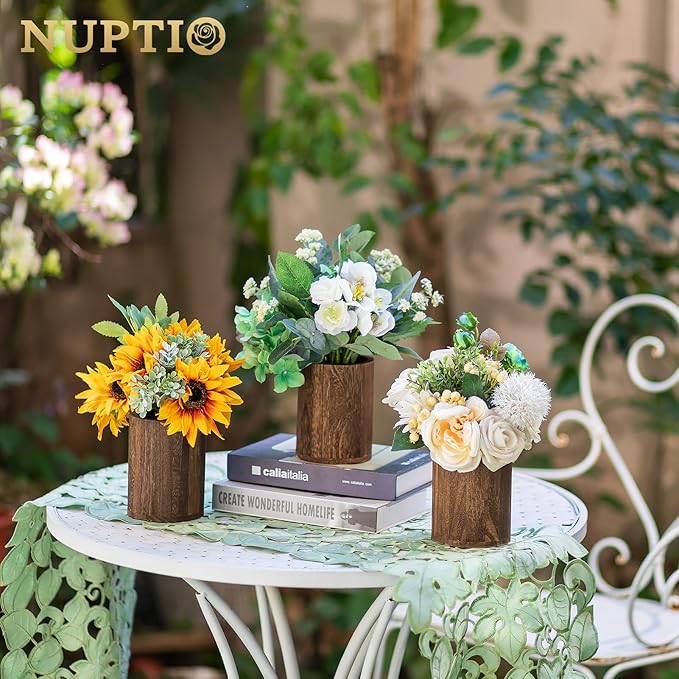 NUPTIO Wood Vases Rustic Centerpiece: 6 Pcs 5.1" Wooden Vase for Home Decor - Brown Small Vase for Wedding Table Living Room Shelf Decor