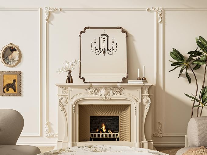 TETOTE Antique Gold Brass Rectangle Mirror for Mantle Fireplace 30 x 36 Baroque Vintage Ornate Scroll Wall Mirror with Metal Frame for Traditional Victorian French Decor, Horizontal/Vertical