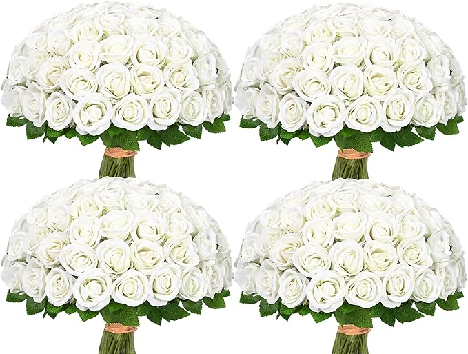 Waipfaru 100 Pcs White Roses Artificial Flowers Bulk, Real Touch Velvet Roses with Wrapping Paper, Fake Flowers for Wedding Centerpieces Bridal Bouquet Valentines Mothers Day Decor