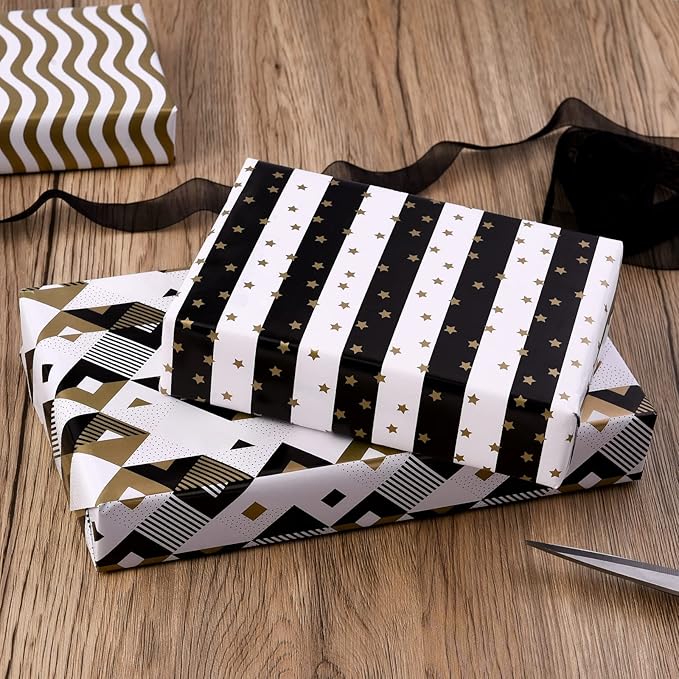 PlandRichW Wrapping Paper Folded Black White and Gold Matte Design Stars, Stripes, Ripples, Plaids for Birthdays, Christmas, Graduations, Weddings, Father's Day 4 Styles 20" X 29" 12 Sheets