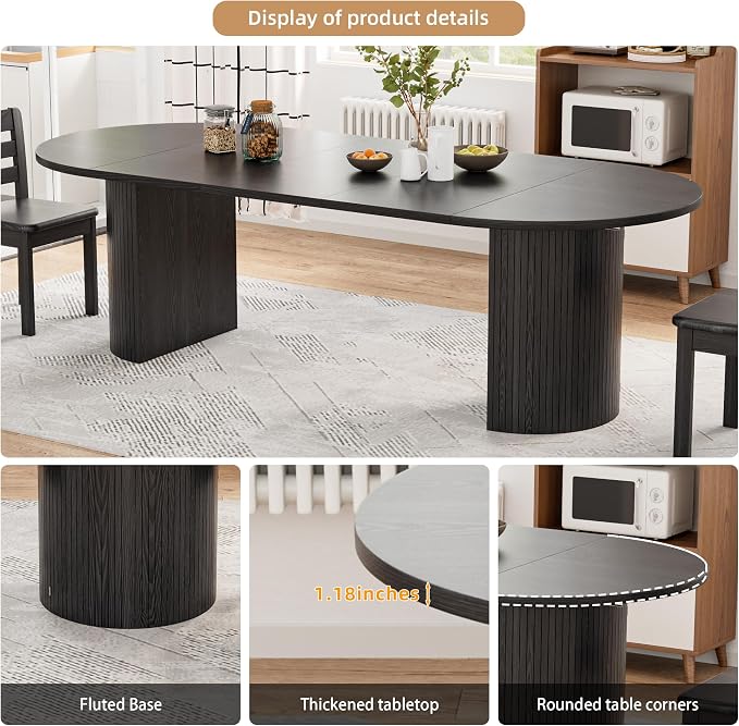 43-95 inch Long Round Extendable Dining Table for 4-10, Space Saving Oval Large Dinner Kitchen Table with 3 Leaf, 2 Storage, Fluted Mid Century Modern Dining Room Table for Living Room, Black