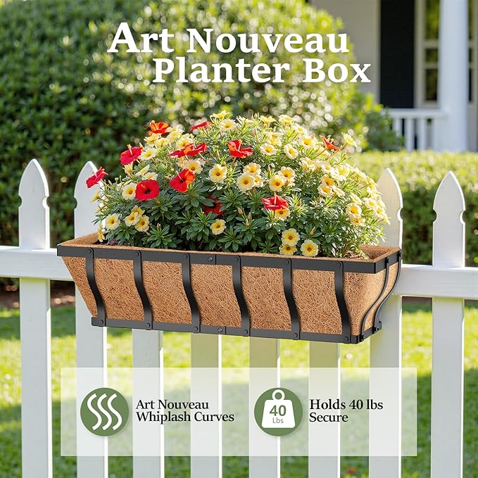 Railing Planter Boxes, Heavy Duty Window Box Planters, Adjustable Balcony Planters for Railing Hanging, with Coco Liner & Support Rod for Deck, Porch, and Patio Gardening (3 Pack, 24 Inch)